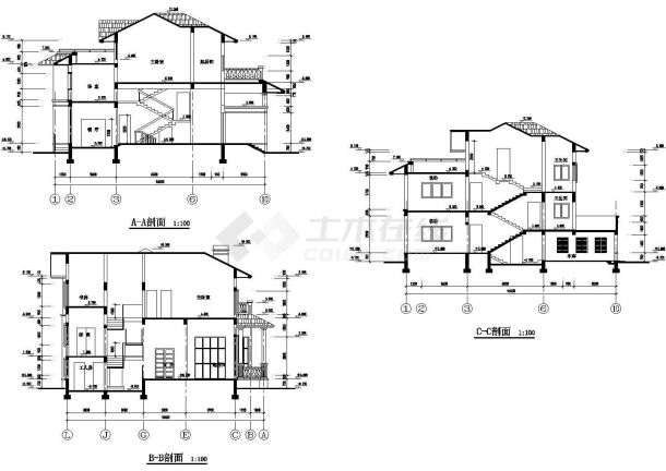 佛山市欣韵家园小区395平米三层混合结构别墅平立剖面设计CAD图纸-图一