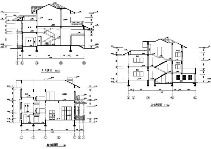 佛山市欣韵家园小区395平米三层混合结构别墅平立剖面设计CAD图纸_图1