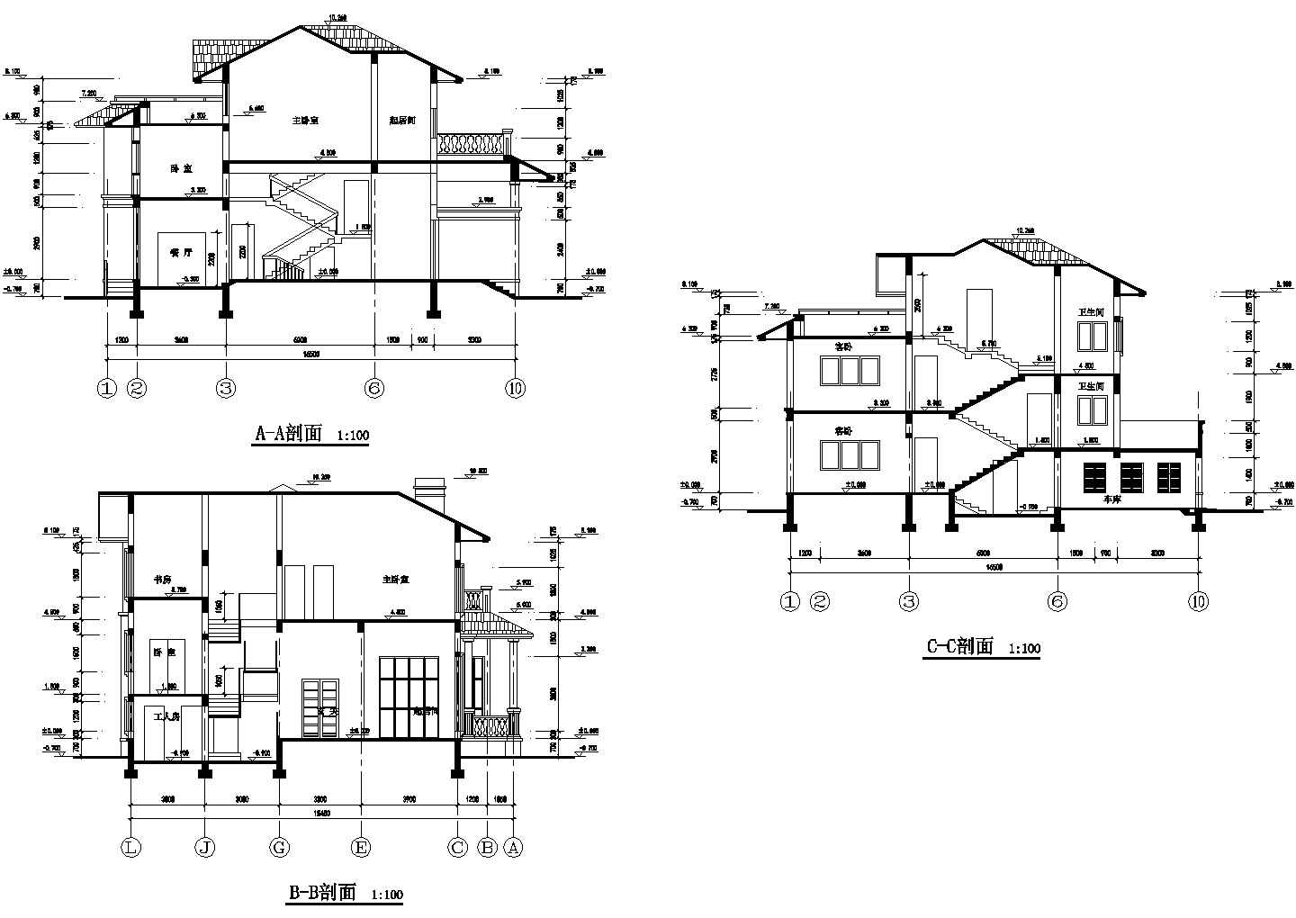 佛山市欣韵家园小区395平米三层混合结构别墅平立剖面设计CAD图纸