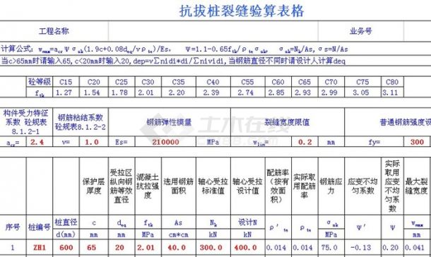 抗拔桩裂缝计算表格（可编辑）