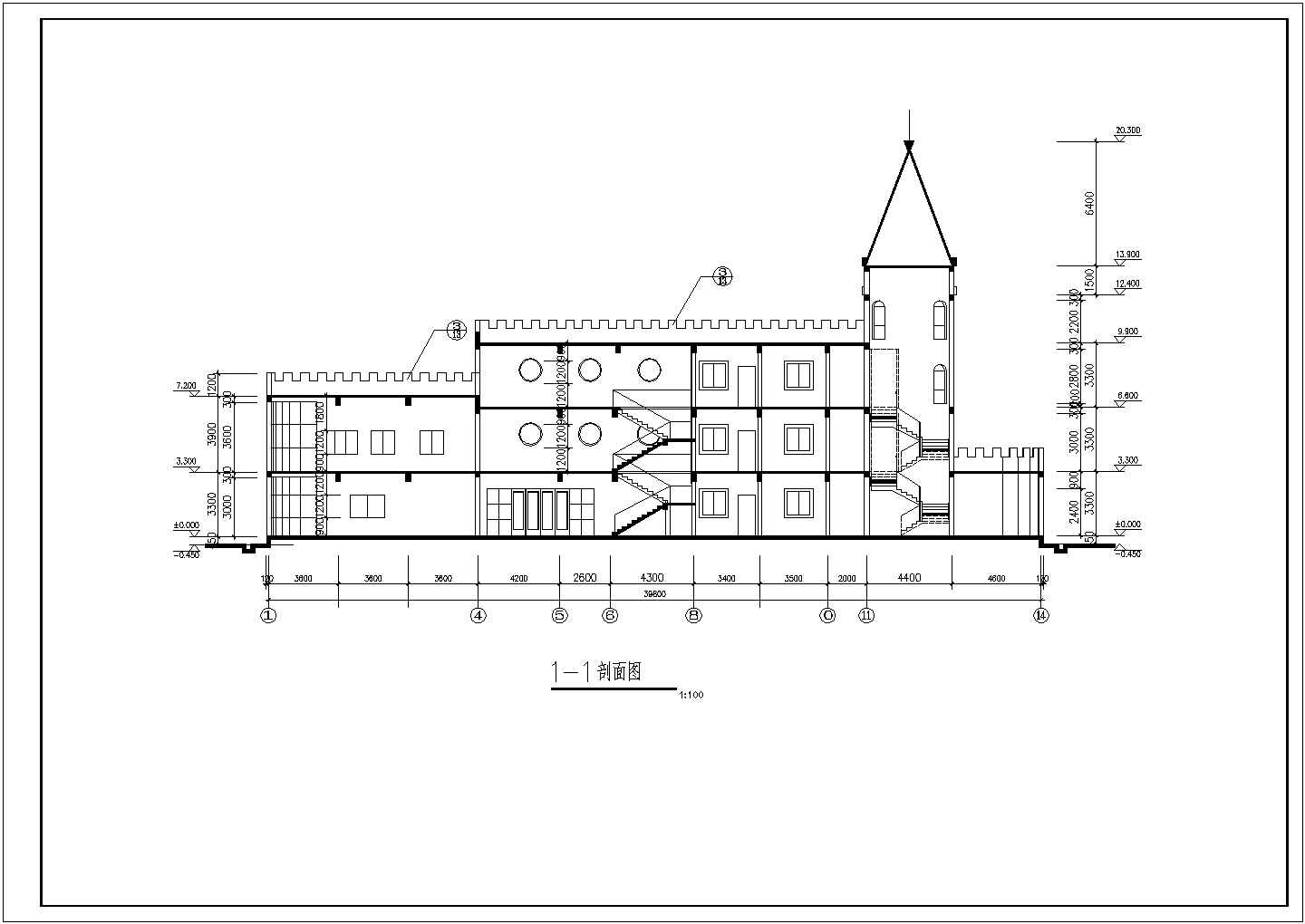 哈尔滨某私立幼儿园2400平米3层框架教学楼平立剖面设计CAD图纸