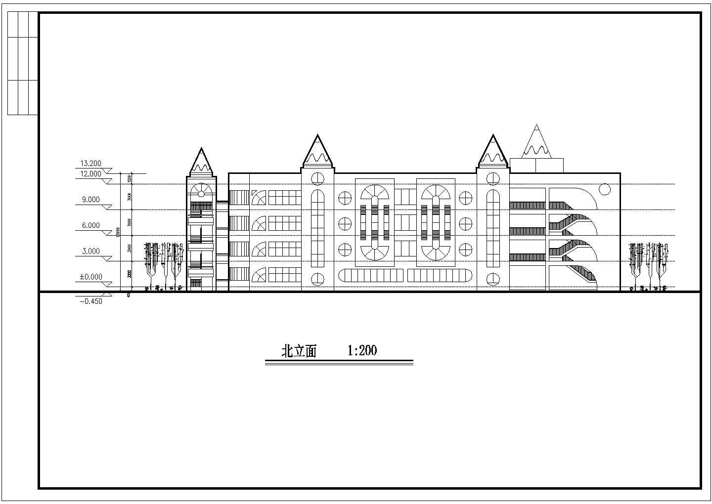 北京未来花园小区幼儿园2400平米4层框架教学楼平立剖面设计CAD图纸