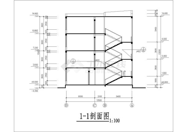 衡阳市某中学2800平米4层框架教学实验楼平立剖面设计CAD图纸-图一