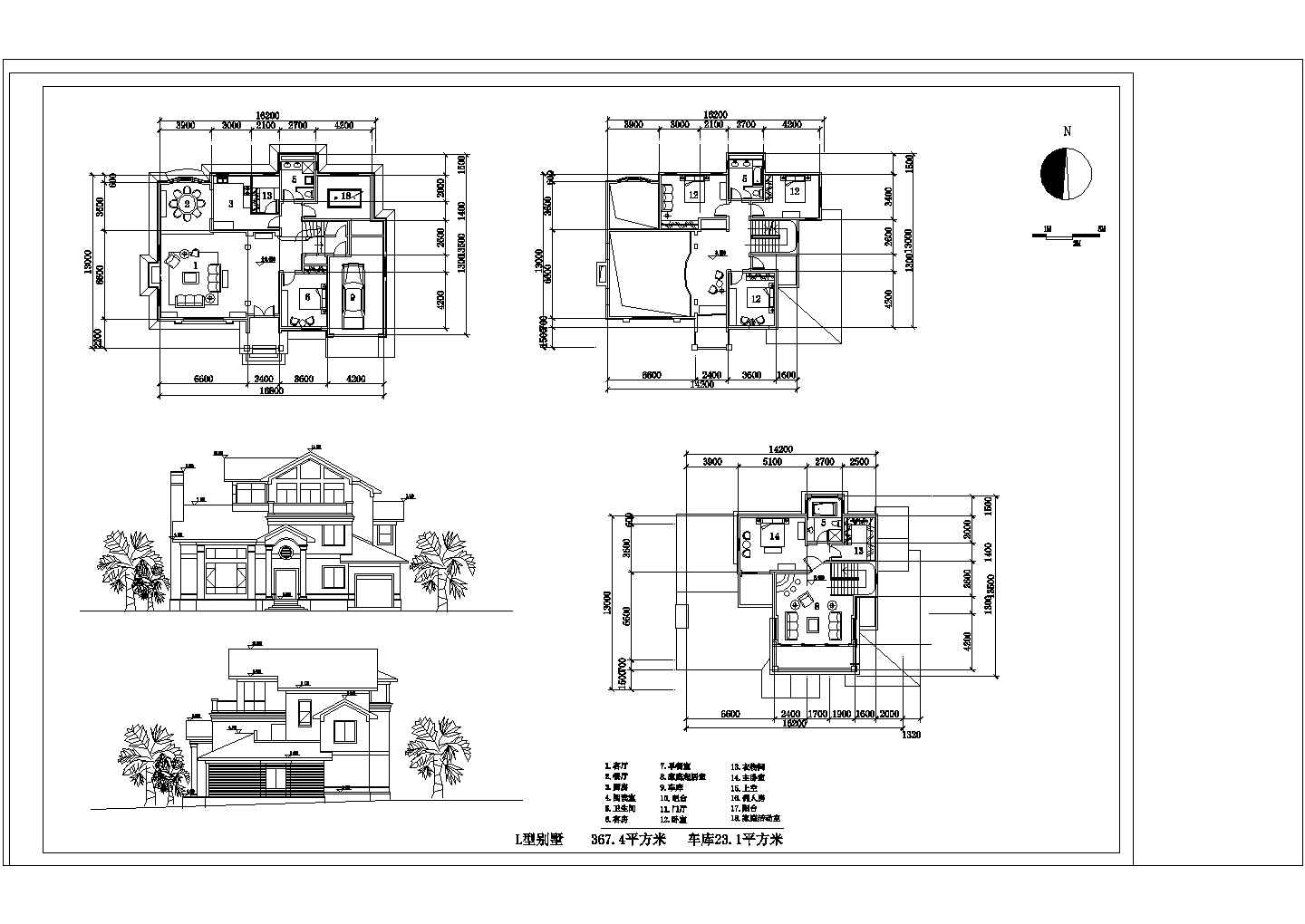 唐山市367.4平方三层欧式L型别墅施工图含效果图