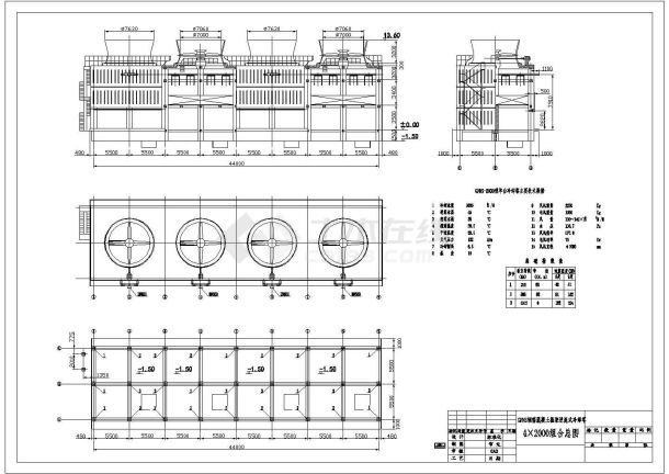 某钢筋混凝土框架逆流式4*2000吨大型冷却塔设计cad全套施工图纸（甲级院设计）-图一