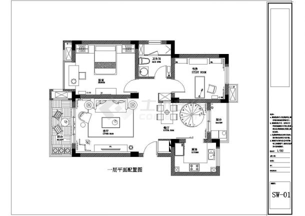 某二层框架结构简欧别墅室内装修设计cad全套施工图（含设计说明，含效果图）-图二