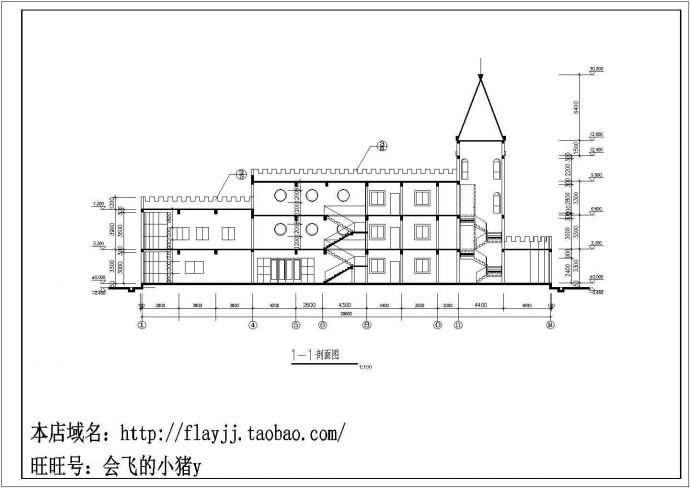 长59.4米 宽29米 三层幼儿园平立剖面设计图（无屋顶平面图）_图1