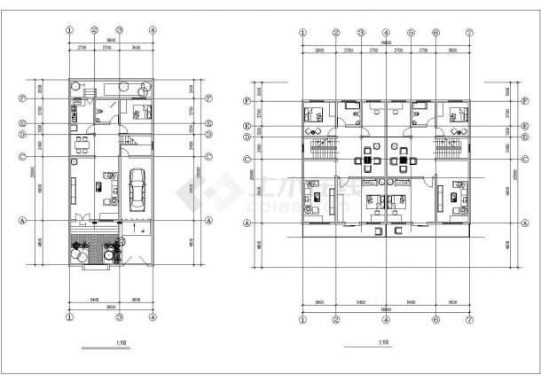 3层框混结构双拼别墅平立剖面设计CAD图纸（每户160平米）-图二