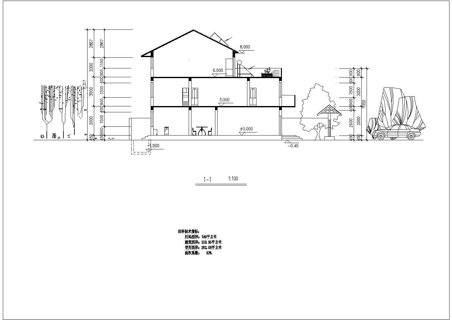 3层框混结构双拼别墅平立剖面设计CAD图纸（每户160平米）