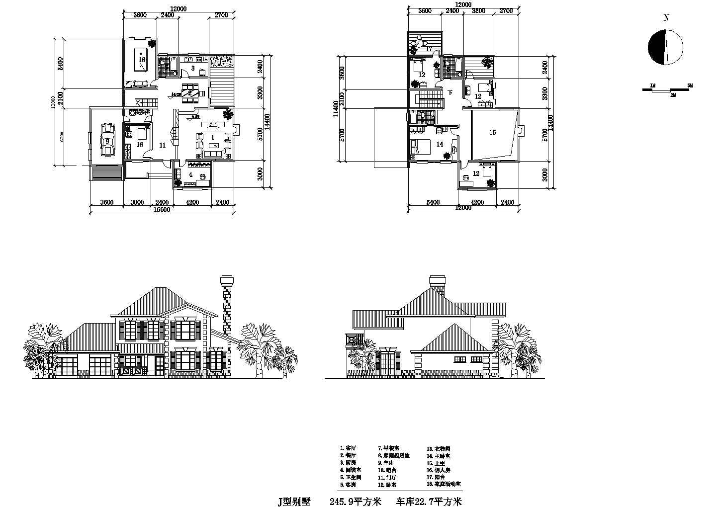 2层：长15.6米 宽14.4米 245.9平米乡间别墅建筑设计图【各层平面 2个立面】