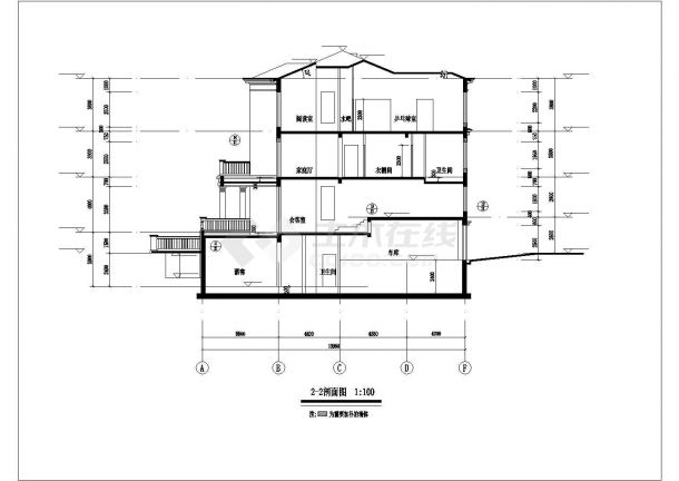 290平米2层框剪结构单体乡村别墅立剖面设计CAD图纸-图一