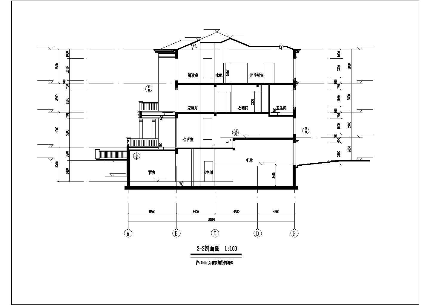 290平米2层框剪结构单体乡村别墅立剖面设计CAD图纸