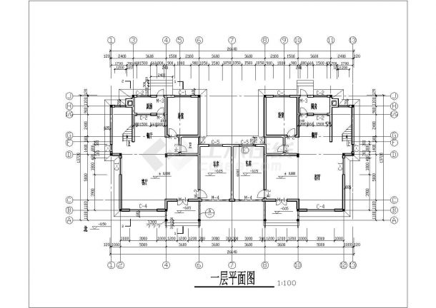 3层框架结构双拼式别墅平立剖面设计CAD图纸（每户320平米）-图一