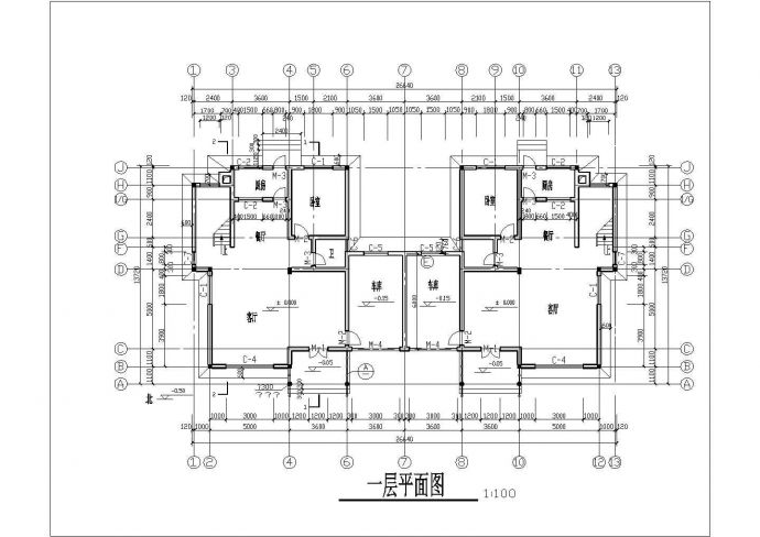 3层框架结构双拼式别墅平立剖面设计CAD图纸（每户320平米）_图1