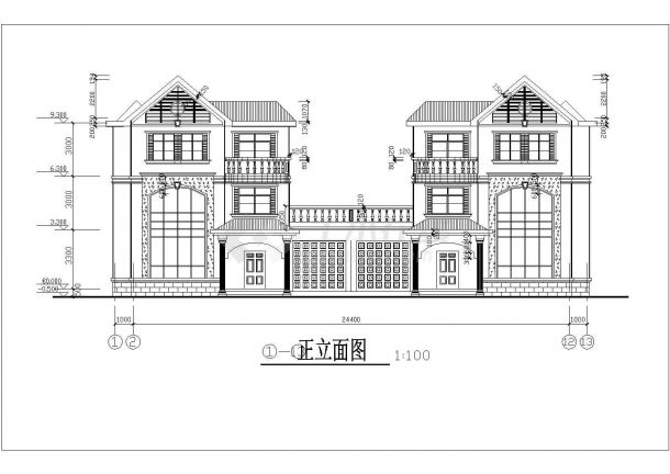 3层框架结构双拼式别墅平立剖面设计CAD图纸（每户320平米）-图二
