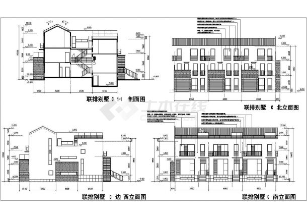 某三层带地下室框架结构联排别墅设计cad建筑方案图（标注详细）-图一