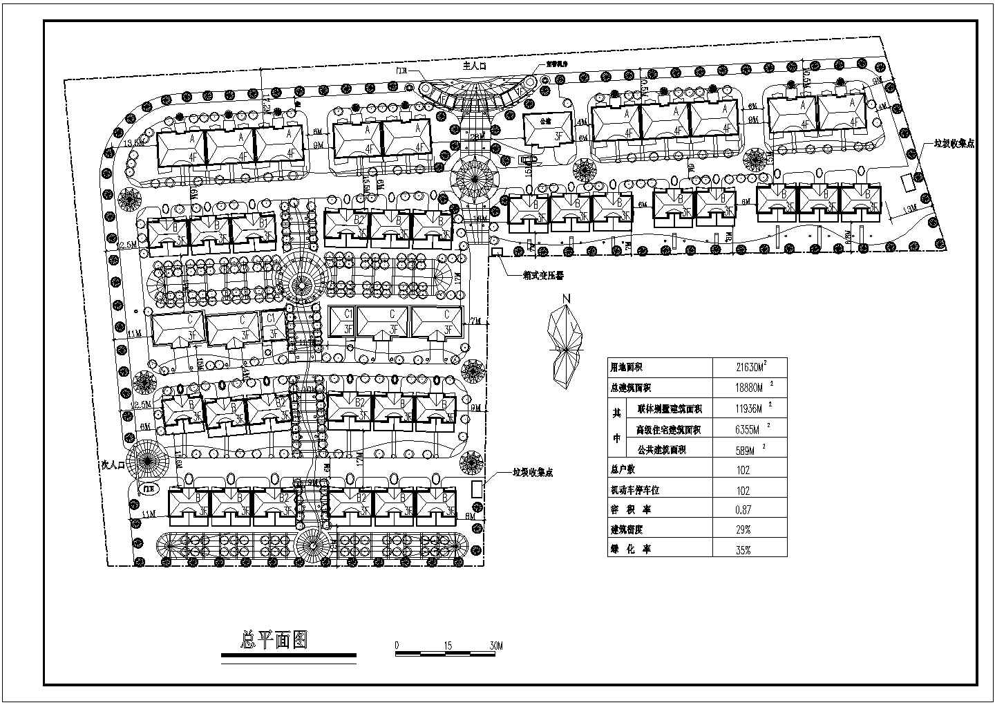 1万平方米连体别墅小区绿化规划设计cad图(含总平面图)