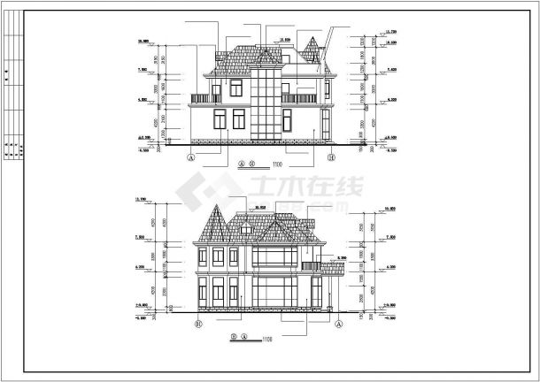340平米2层砖混结构单体别墅平立剖面设计CAD图纸（含天面层和夹层）-图二