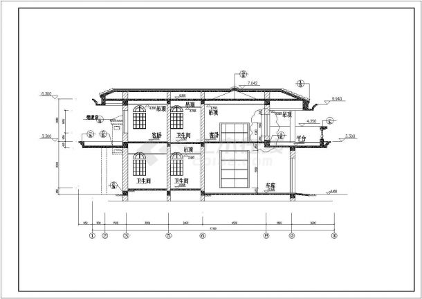 275平米2层框混结构独栋别墅全套平立剖面设计CAD图纸-图二