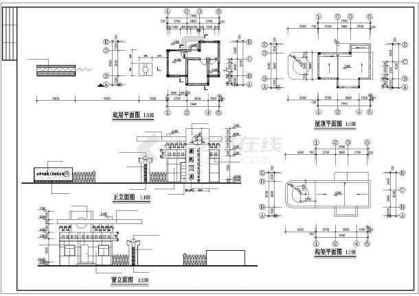 广州市某大学入口大门+传达室建筑设计CAD图纸-图二