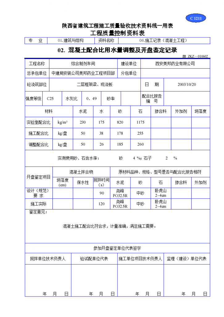 混凝土配合比用水量调整及开盘鉴定记录材料-图二