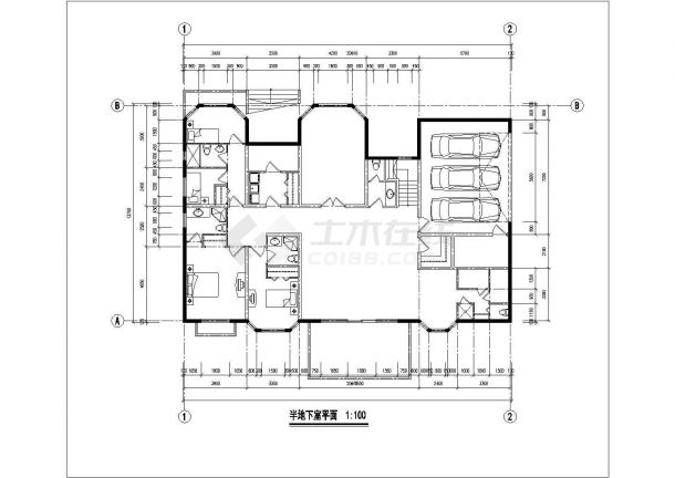 725+489平米两栋2层框混单体别墅平面设计CAD图纸（含半地下室）-图二
