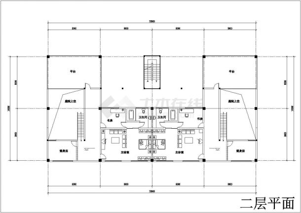 4层框架结构双拼式别墅平立剖面设计CAD图纸（每户420平米）-图二
