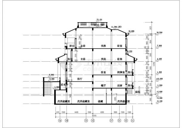 350平米左右3层框混结构单体乡村别墅建筑设计CAD图纸（含夹层）-图一