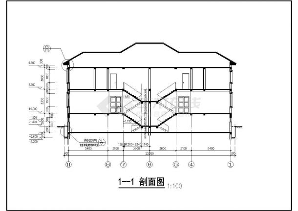 2层框混结构双拼别墅建筑设计CAD图纸（含地下室/每户345平米）-图二