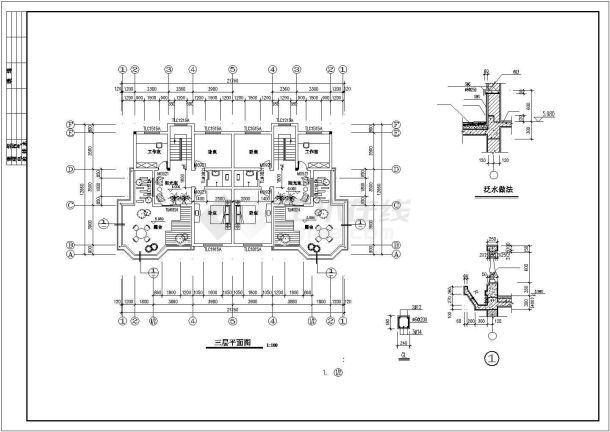 3层混合结构单体双拼别墅平立剖面设计CAD图纸（每户320平米）-图一