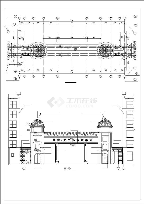 佛山市某高档小区入口大门全套建筑设计CAD图纸-图二