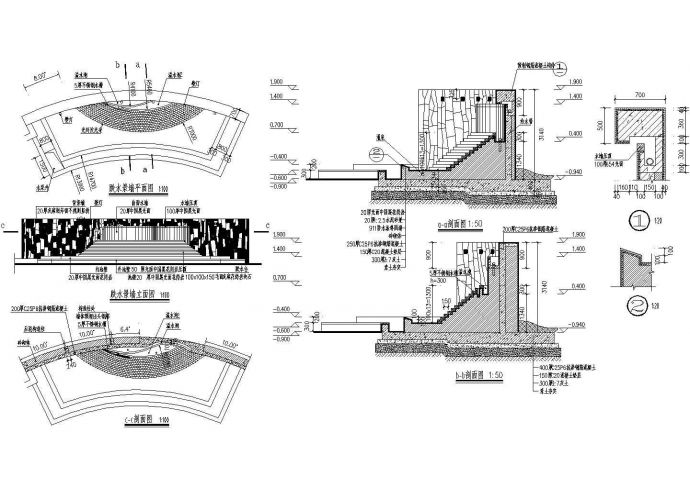 某市民广场跌水景墙设计节点CAD详图_图1