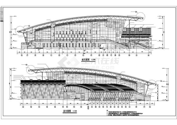 某地体育活动中心立面建筑设计cad施工图-图一