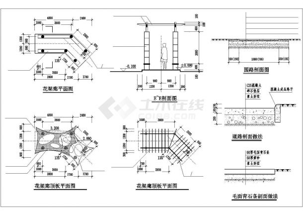 上海市徐汇区某公园凉亭+花架廊建筑设计CAD图纸-图二