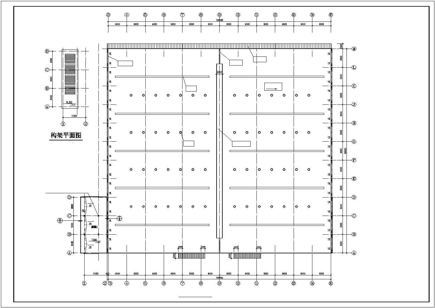 广州某工厂1.1万平米单层轻钢框架结构生产厂房平立剖面设计CAD图纸