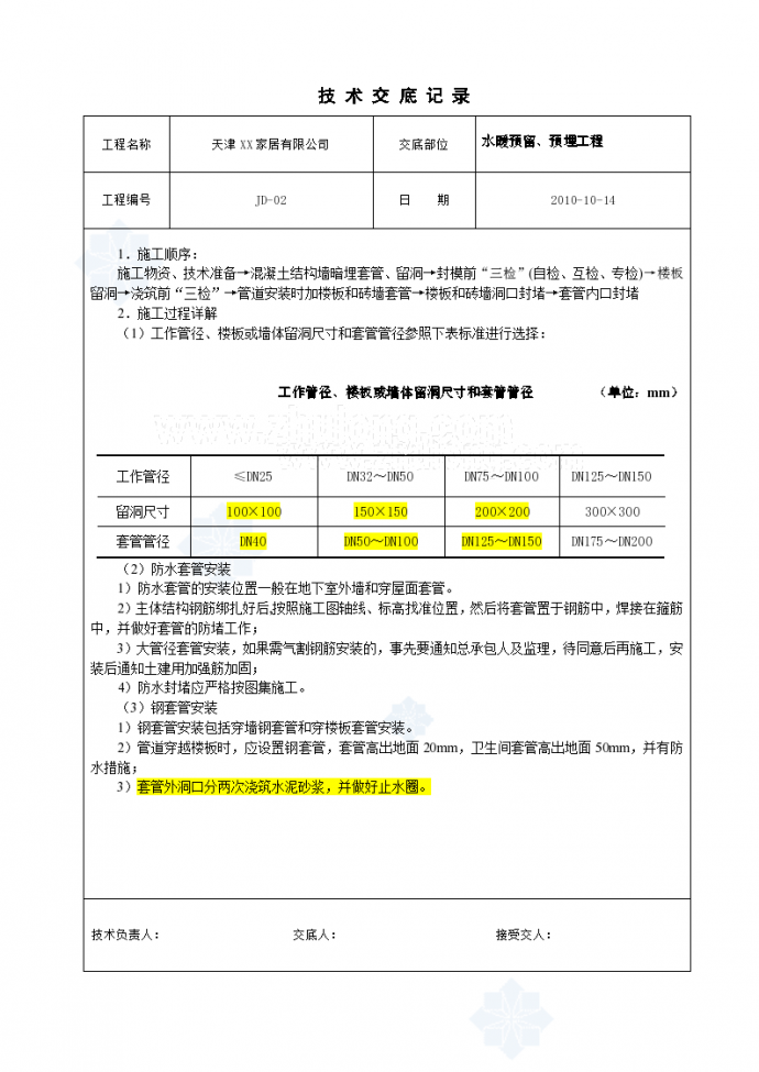 天津某公司水暖工程预留预埋技术交底设计_图1