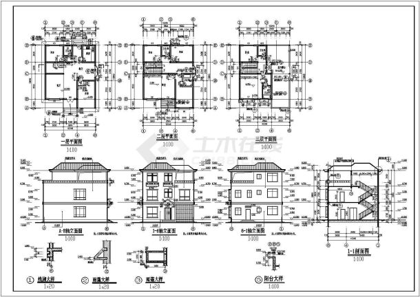 【浙江】某三层小康农居青田建筑施工cad图（300平方米）-图一