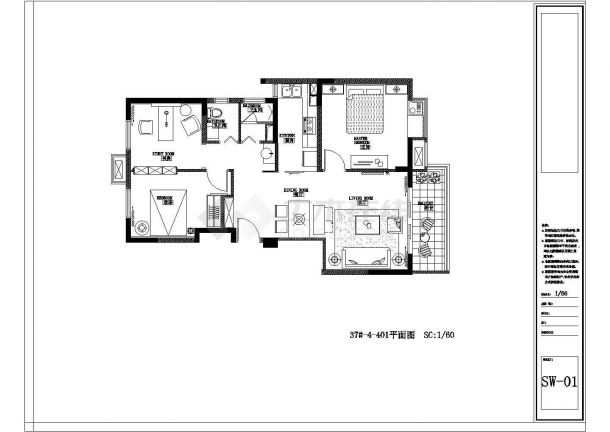 简约三室一厅住宅装修设计施工图-图二