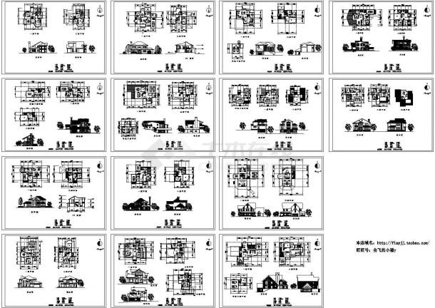 14个别墅CAD设计图【14个别墅在同1CAD文件 面积224至368平米之间，均设有车库。只有各别墅各平面图、立面或剖面图】-图一