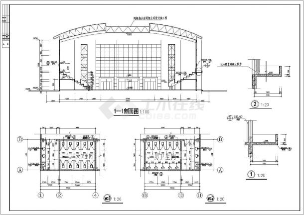 【杭州】某大学小型体育馆整套CAD施工图纸(含屋顶平面图)-图二