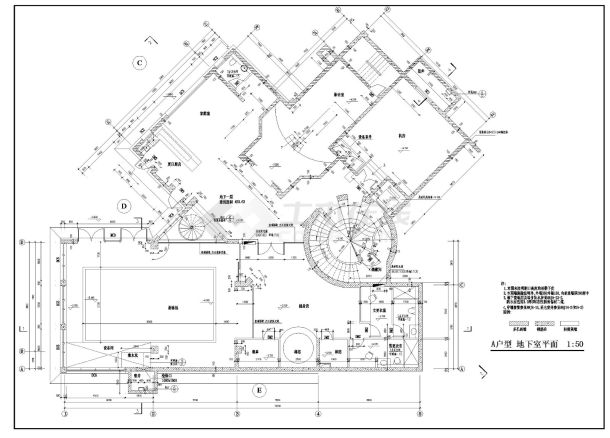 1000平方米3层坡地经典别墅建筑cad施工图，含负一层-图一