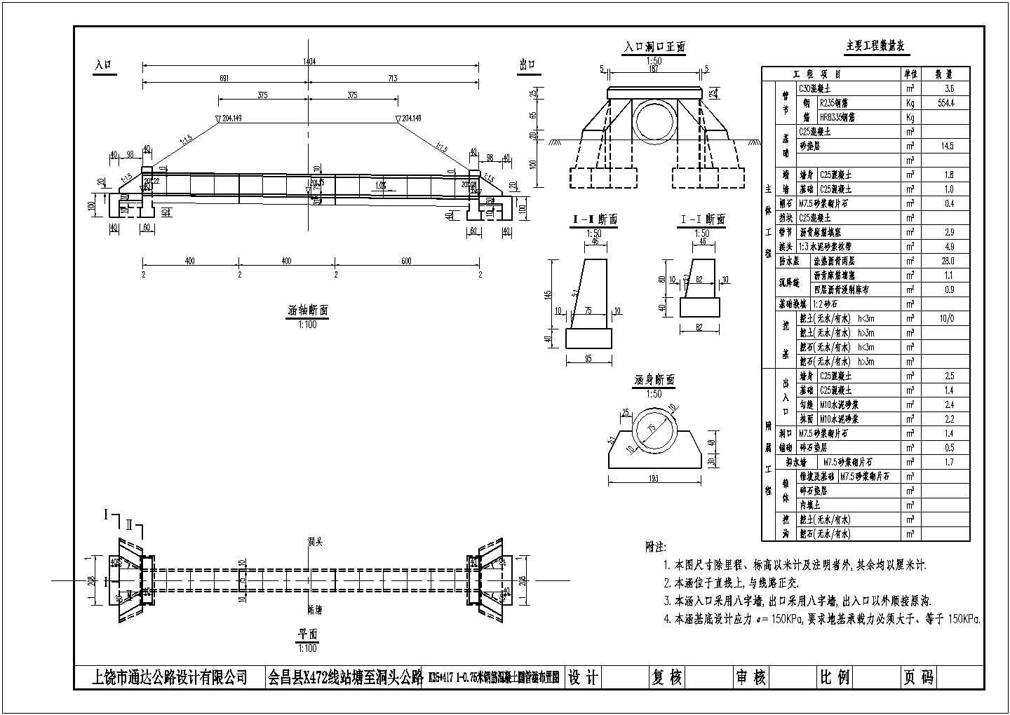 某工程1-075米钢筋混凝土圆管涵布置图(直线段、正交)