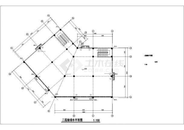 850平米2层框架结构临街商业综合楼给排水设计CAD图纸-图一