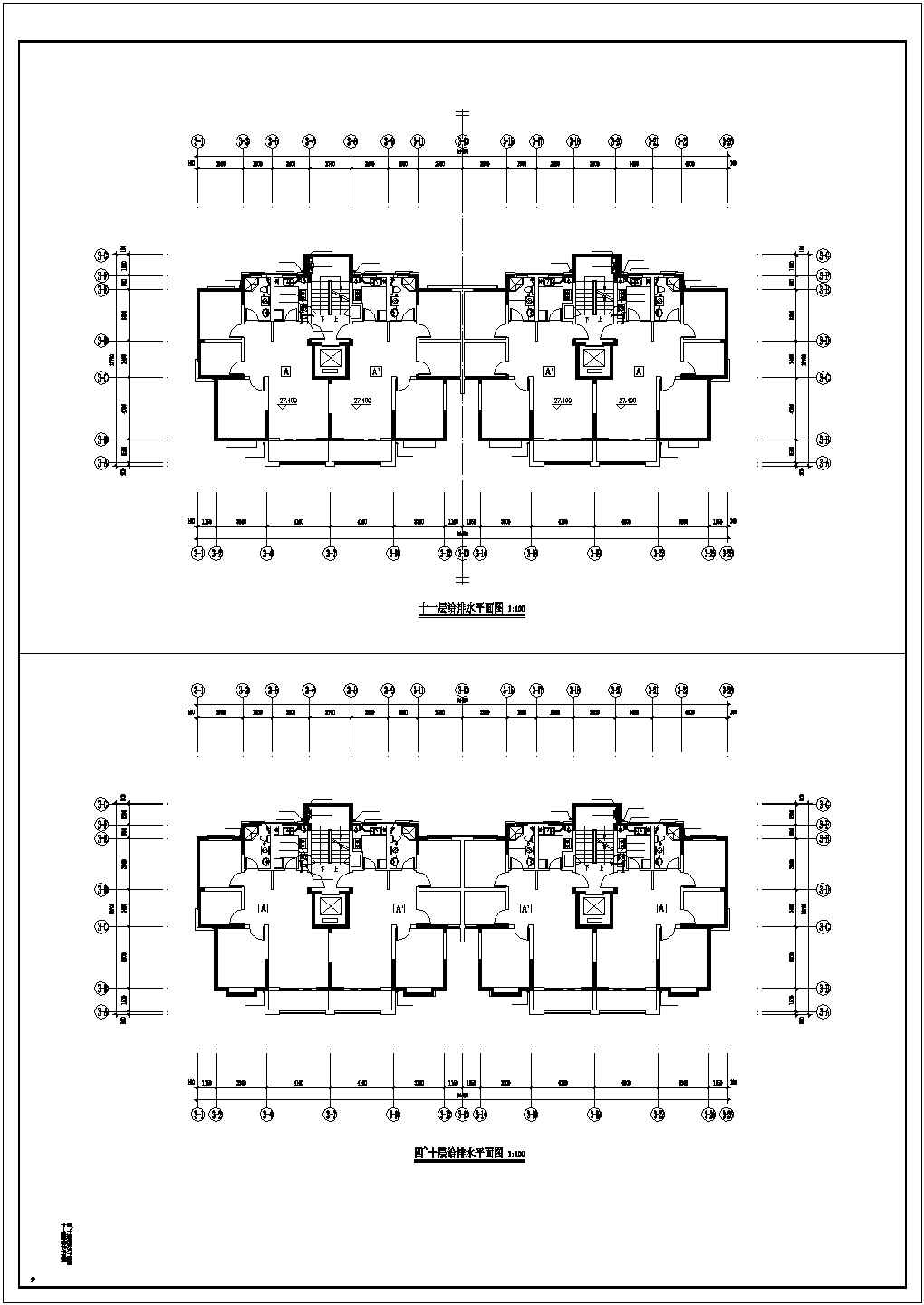 11层民居住宅楼全套给排水设计CAD图纸（含机房和储藏室层）