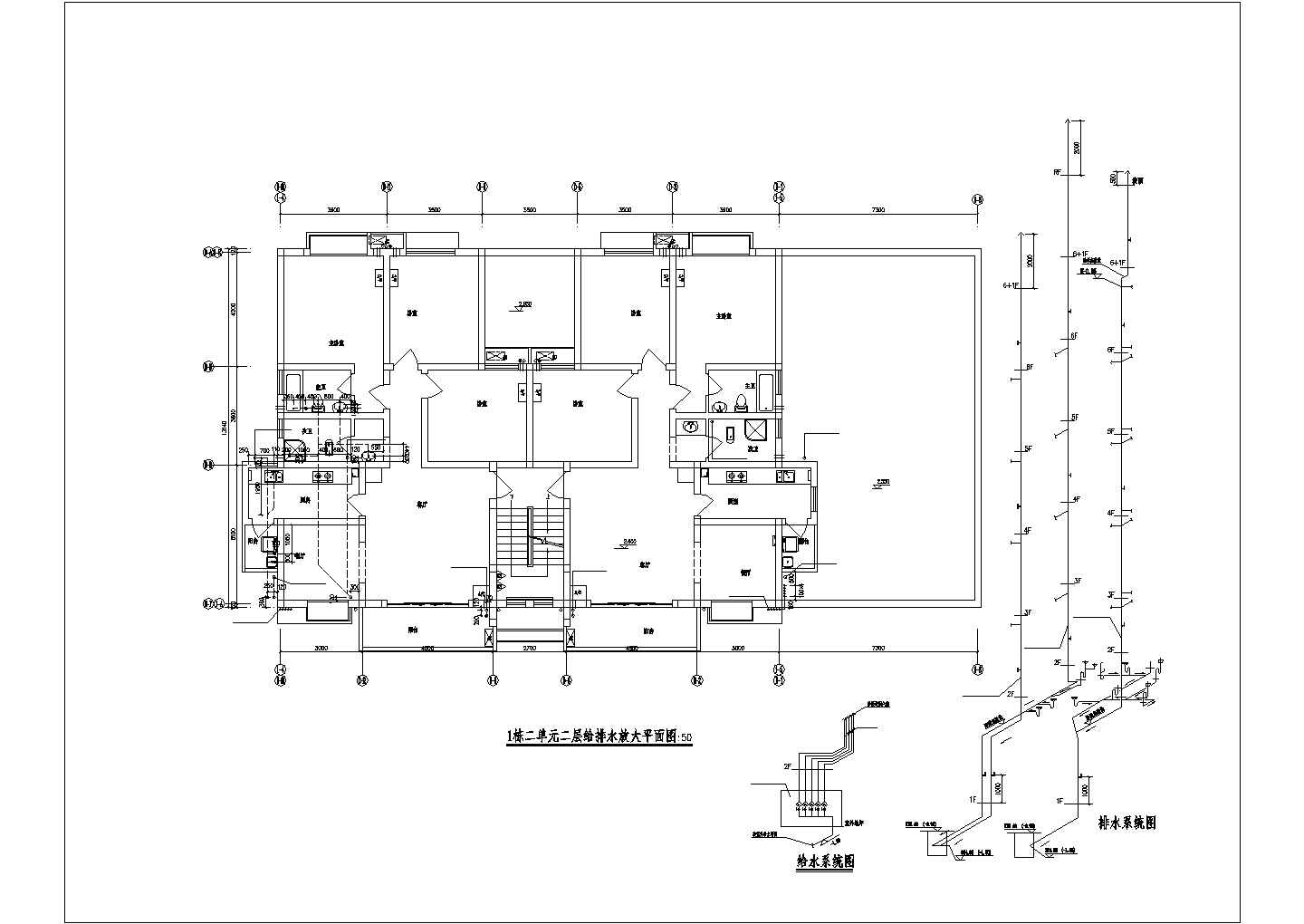 8千平米左右5层框混结构住宅楼给排水平面设计CAD图纸（底层商用）