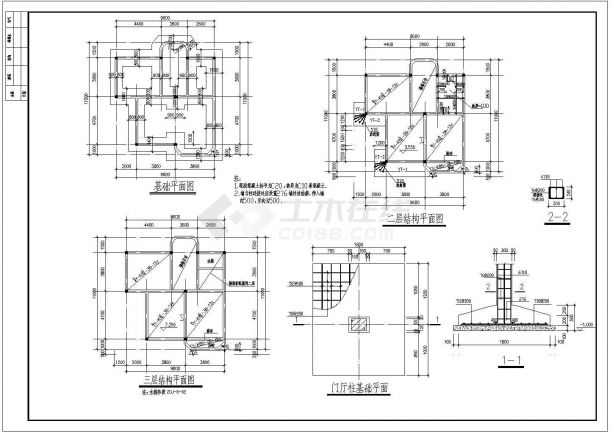 某三层带阁楼层框架结构水乡小别墅设计cad全套建筑施工图（含设计说明，含多套设计）-图二