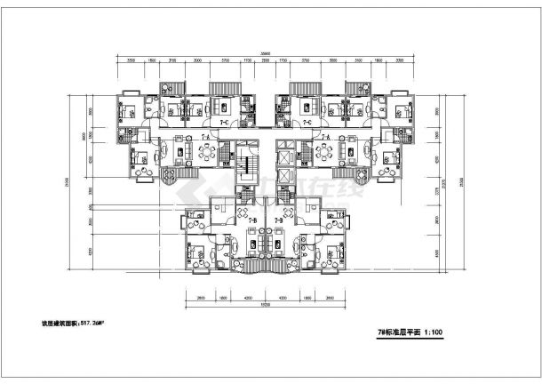 嘉兴市某小区240-510平米7栋住宅楼的标准层平面设计CAD图纸-图一
