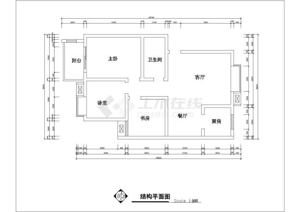 3室2厅1卫1阳台户型平面设计CAD图纸（长14.76米/宽8.64米）-图一