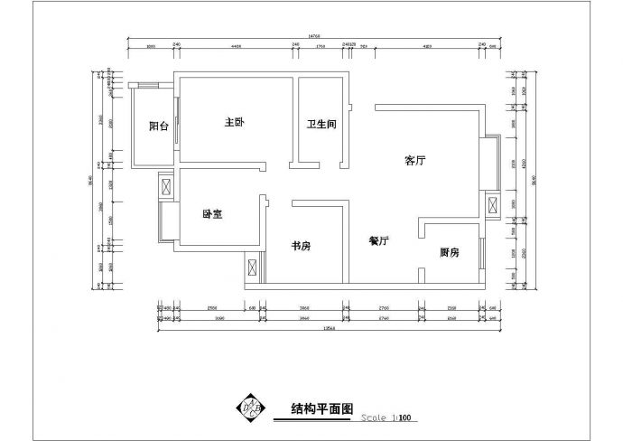 3室2厅1卫1阳台户型平面设计CAD图纸（长14.76米/宽8.64米）_图1