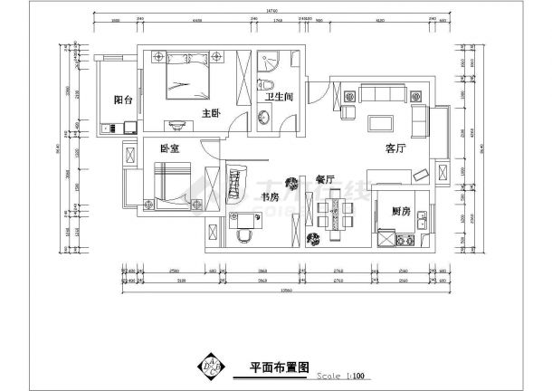 3室2厅1卫1阳台户型平面设计CAD图纸（长14.76米/宽8.64米）-图二